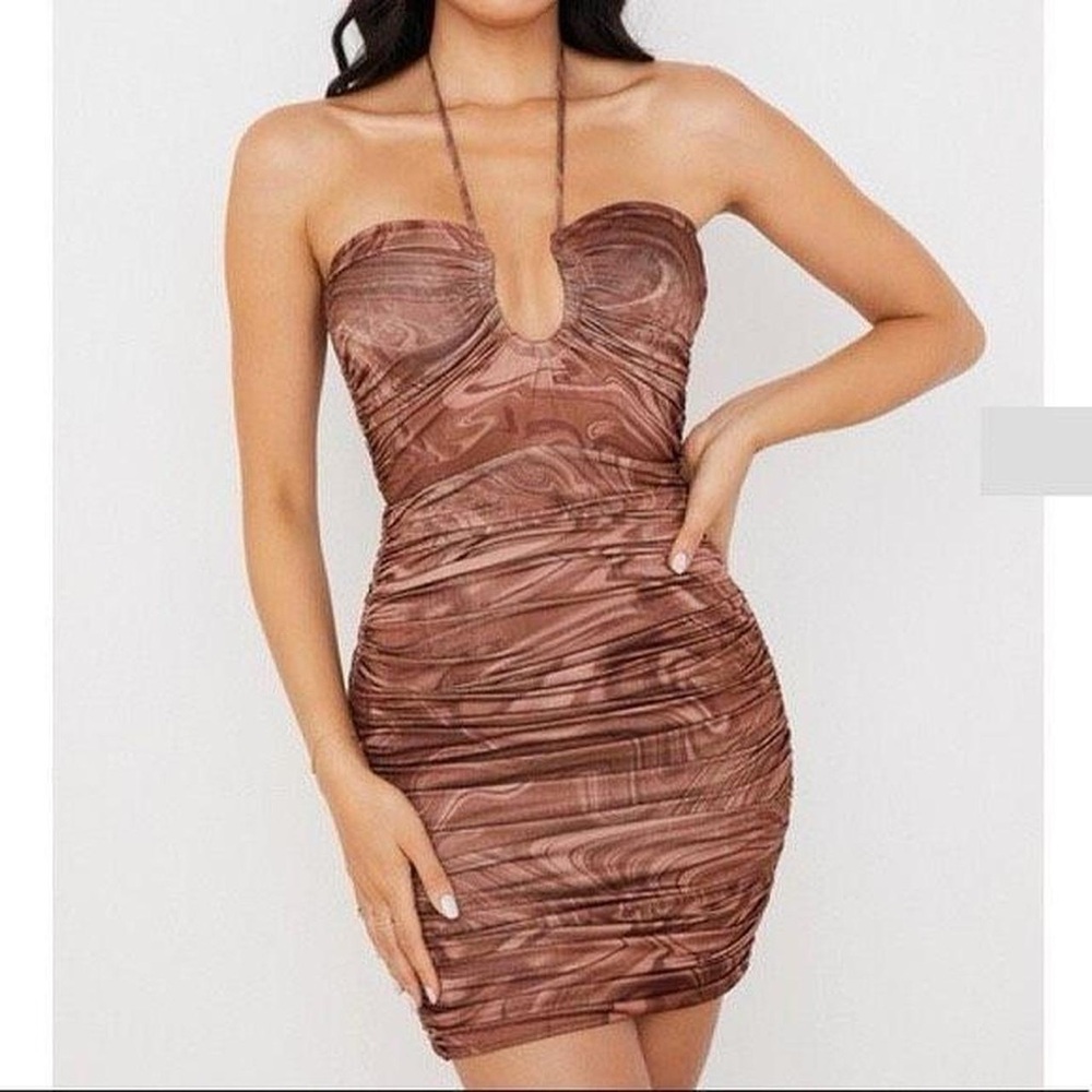 House of CB ‘Letitia’ Coco Brown Swirl Bodycon Ruched Mini Dress Size XS New